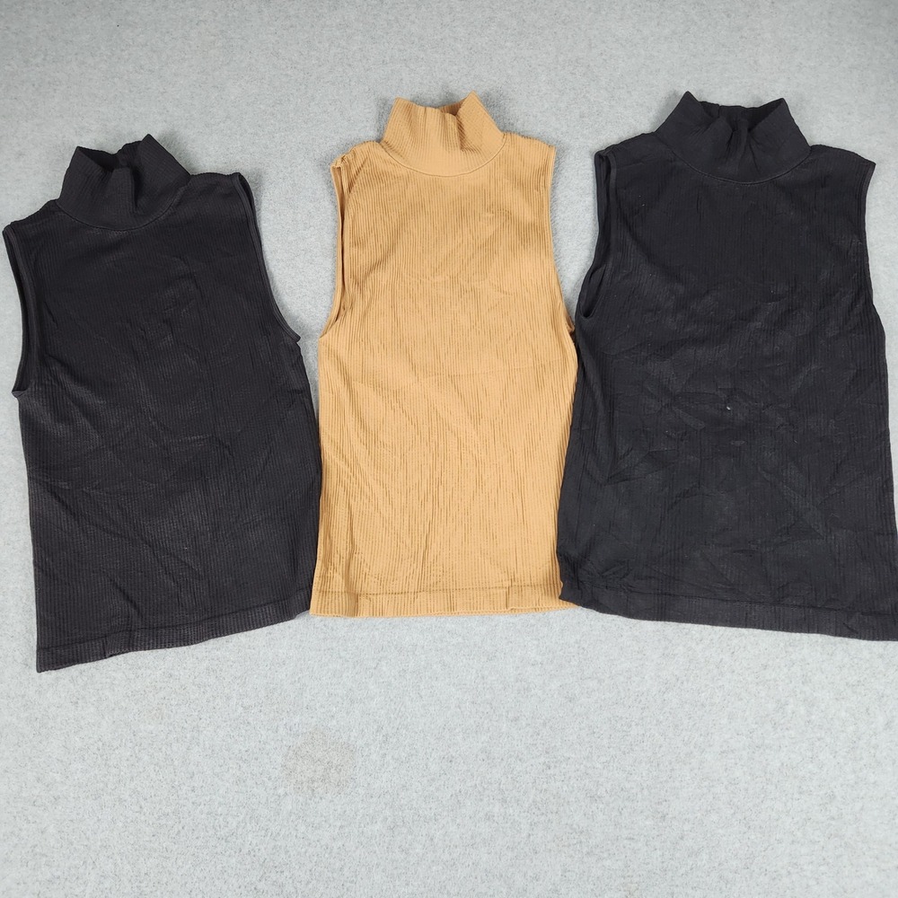 Nikibiki Tank Top Womens M Black Tan Ribbed knit Stretch Mock Neck Lot of 3